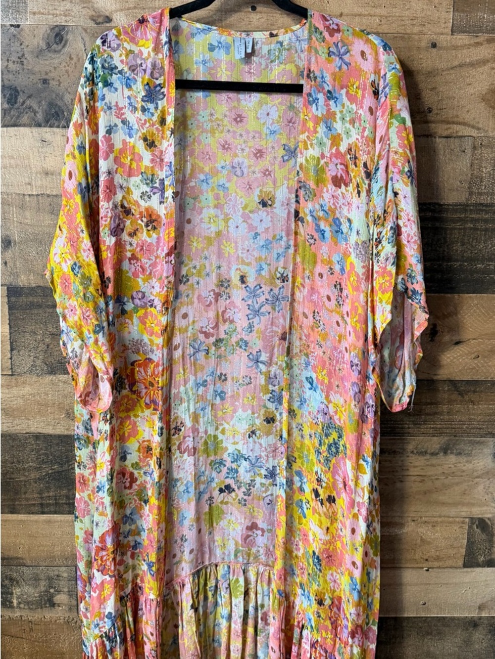 Blank London Anthropologie Floral Shimmer O/S Pink Gold Kimono Cardigan Robe